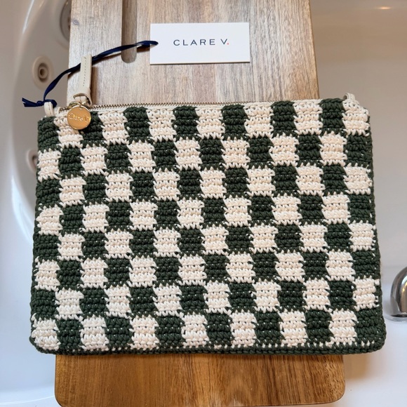 Clare V Handbags - Clare V flat clutch with tabs olive and cream crochet checker origional $195